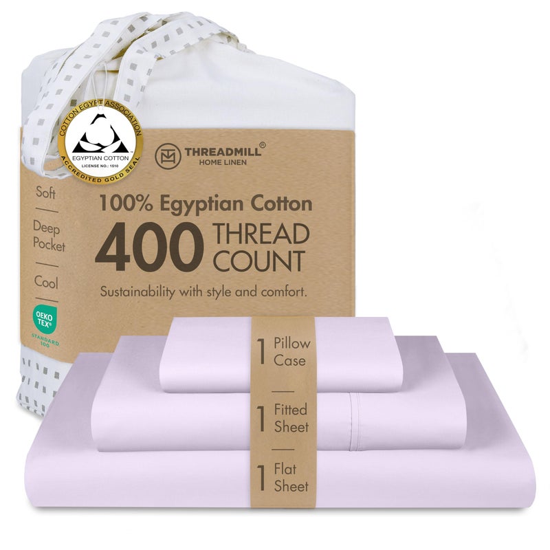 Threadmill Egyptian Cotton Twin Sheet Set | 100% Certified Egyptian Cotton Sheets for Twin Size Bed | Sateen Twin Bed Sheets Set 15" Deep Pocket | Soft Breathable 3-Piece Cooling Sheet Set | Lilac - Image 1
